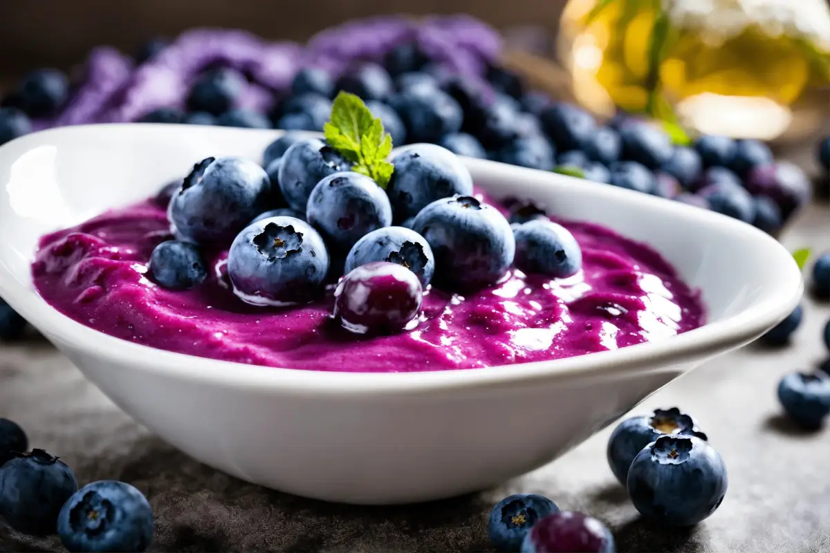 Fresh blueberries on top of a vibrant purple blueberry cream cheese spread in a white bowl.