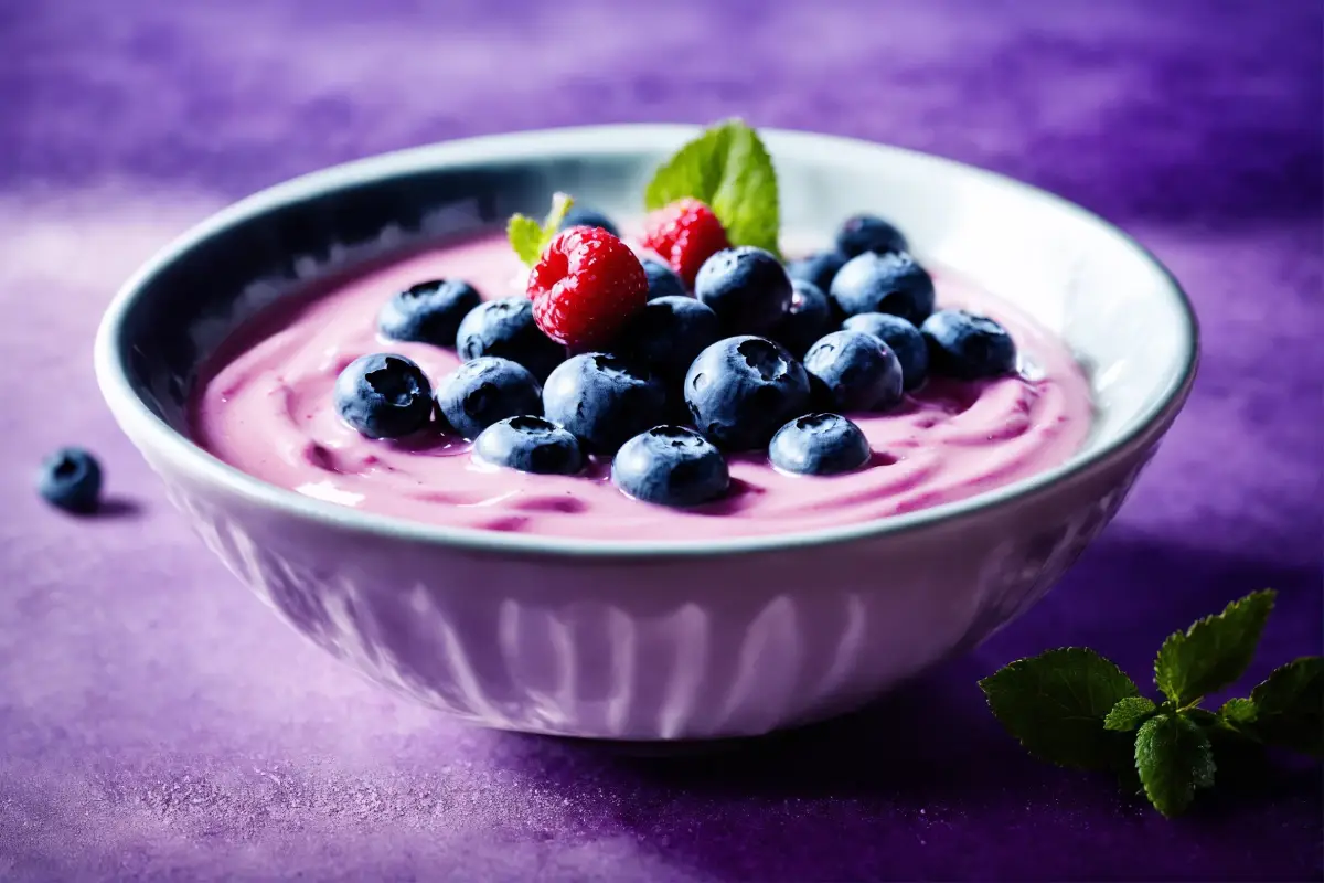 A bowl of luscious blueberry cream cheese topped with fresh blueberries against a purple backdrop.