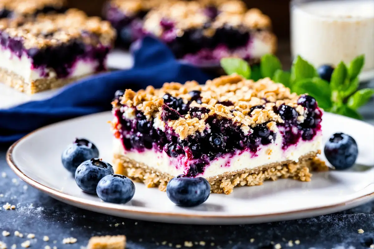 Luscious blueberry cream cheese oatmeal bars stacked on a plate, garnished with fresh blueberries.