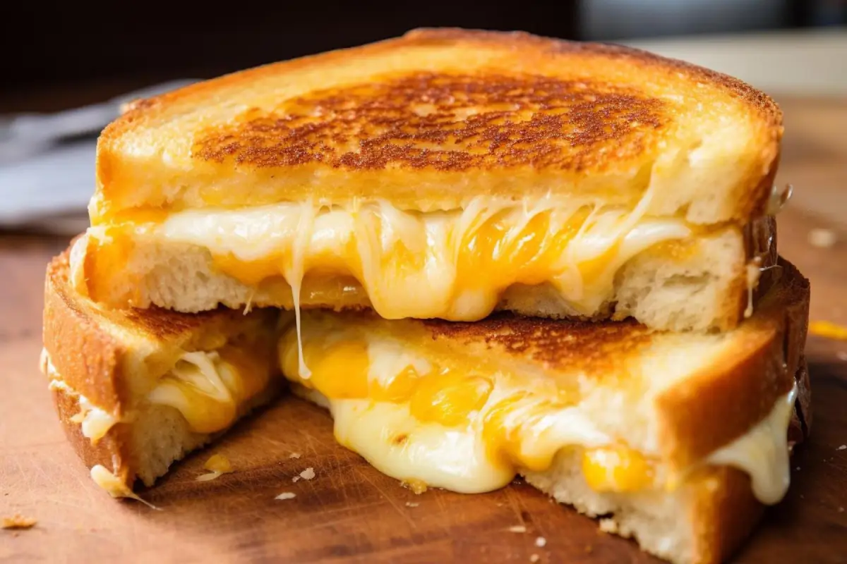 A grilled cheese sandwich with perfectly melted cheese on a wooden board.