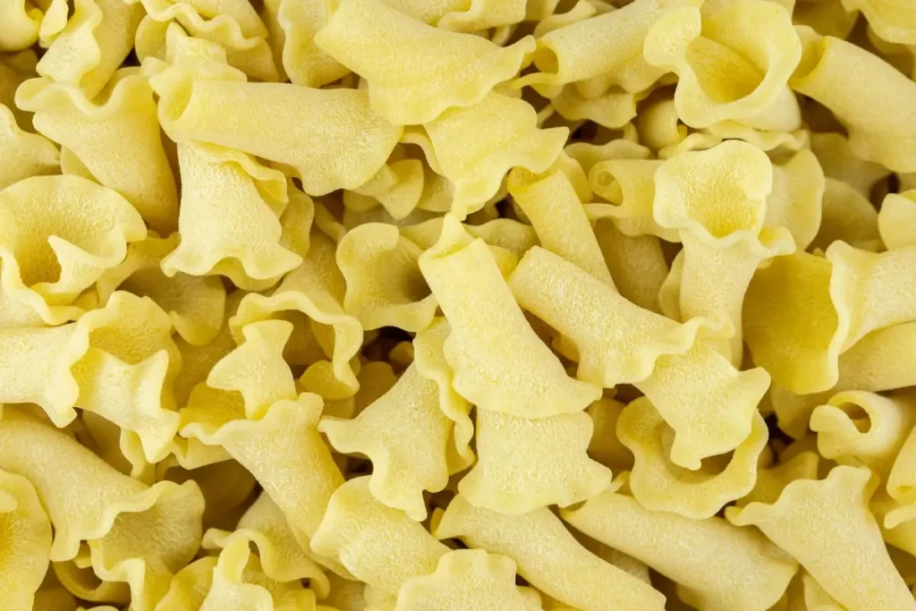 A close-up view of uncooked Campanelle pasta.