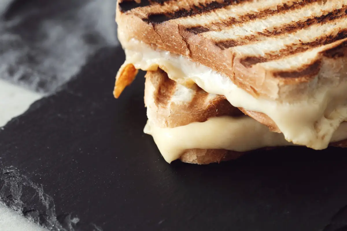 Close-up of a Brie Melt Grilled Cheese Sandwich on Slate