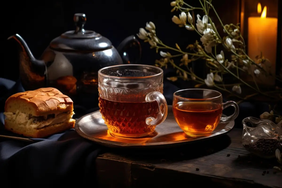 Steaming Earl Grey tea in a cozy setting with a teapot and candle, evoking a historical ambience.