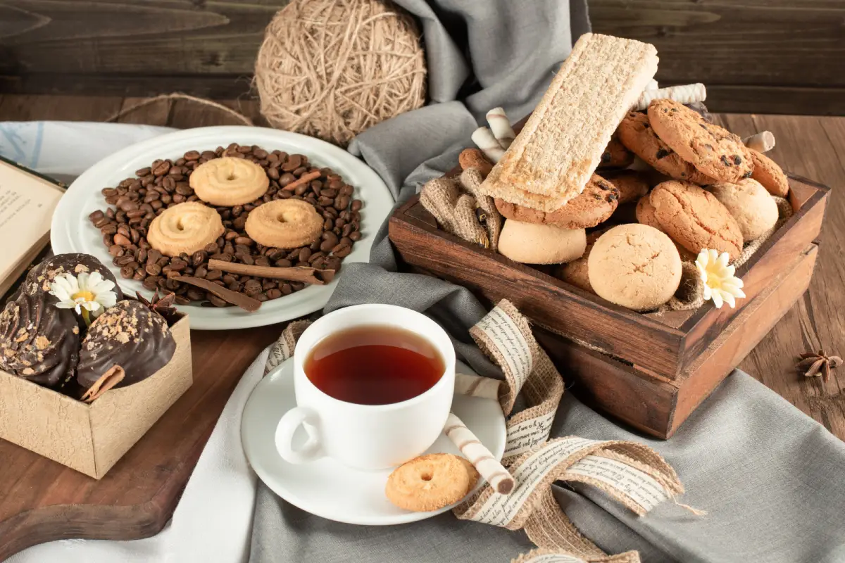 A cup of Earl Grey tea with a variety of British biscuits and chocolates
