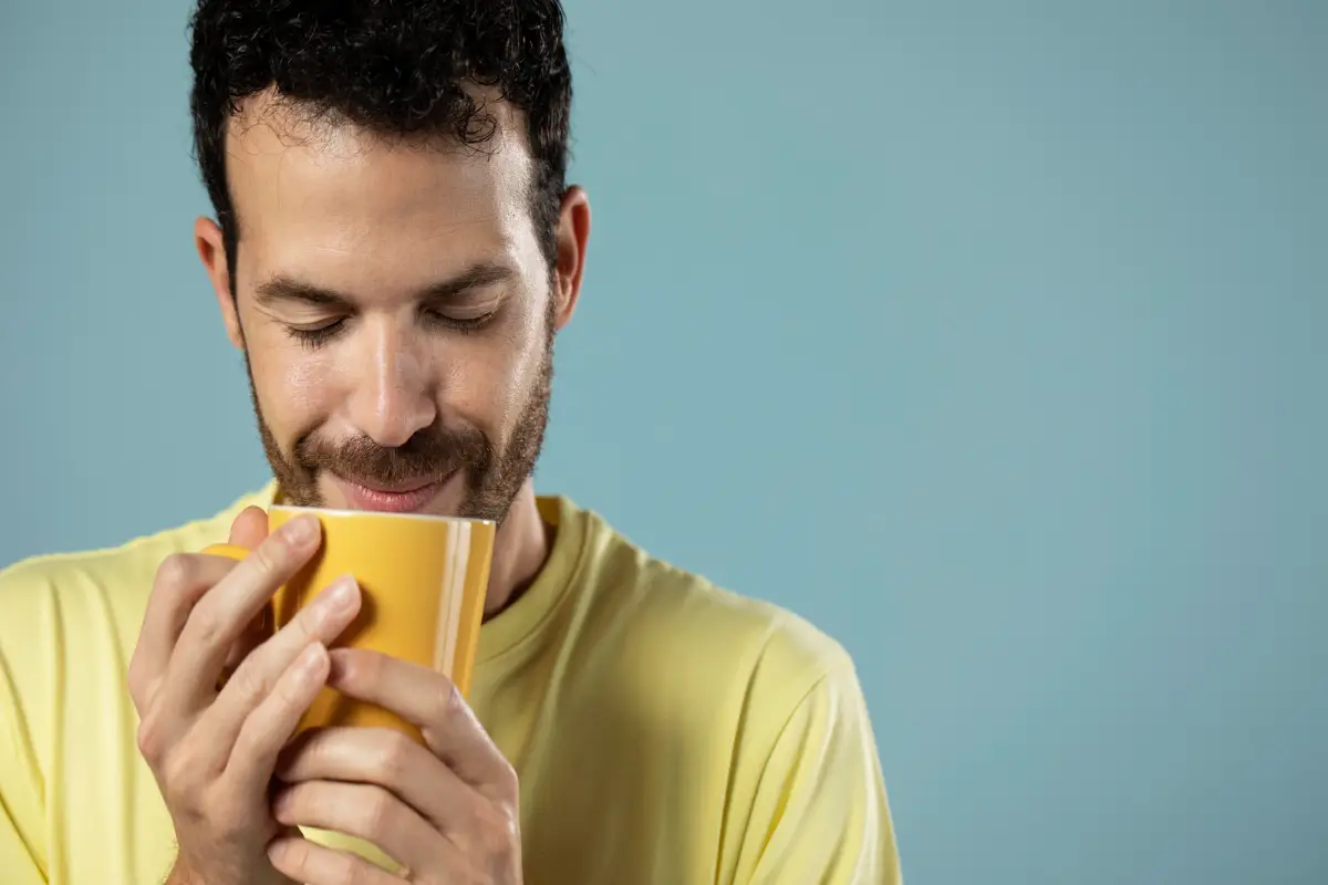 Man savoring the aroma of Earl Grey tea from a yellow mug.