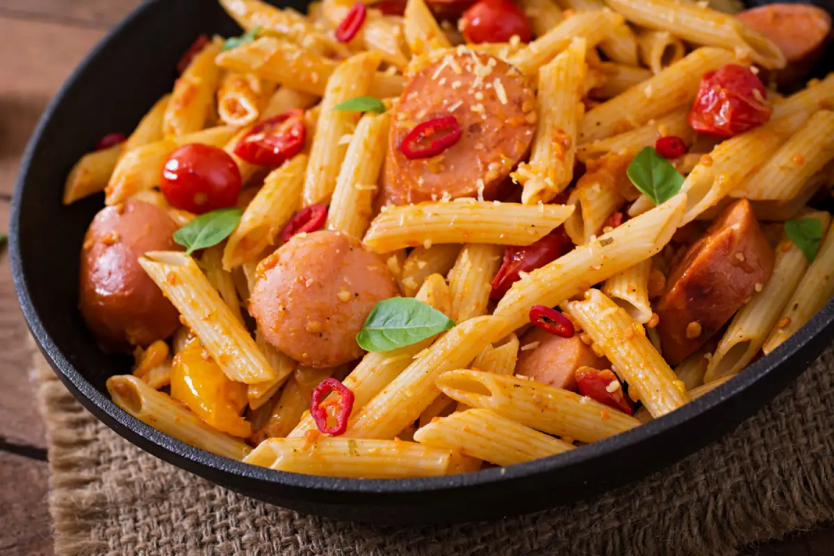 Close-up of a spicy kielbasa penne pasta skillet with cherry tomatoes, red chili, and basil leaves.