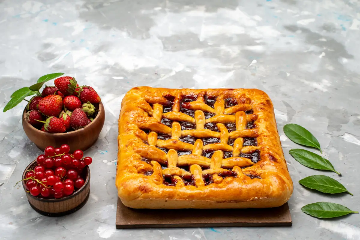 Freshly baked strawberry lattice pie with fresh berries on the side