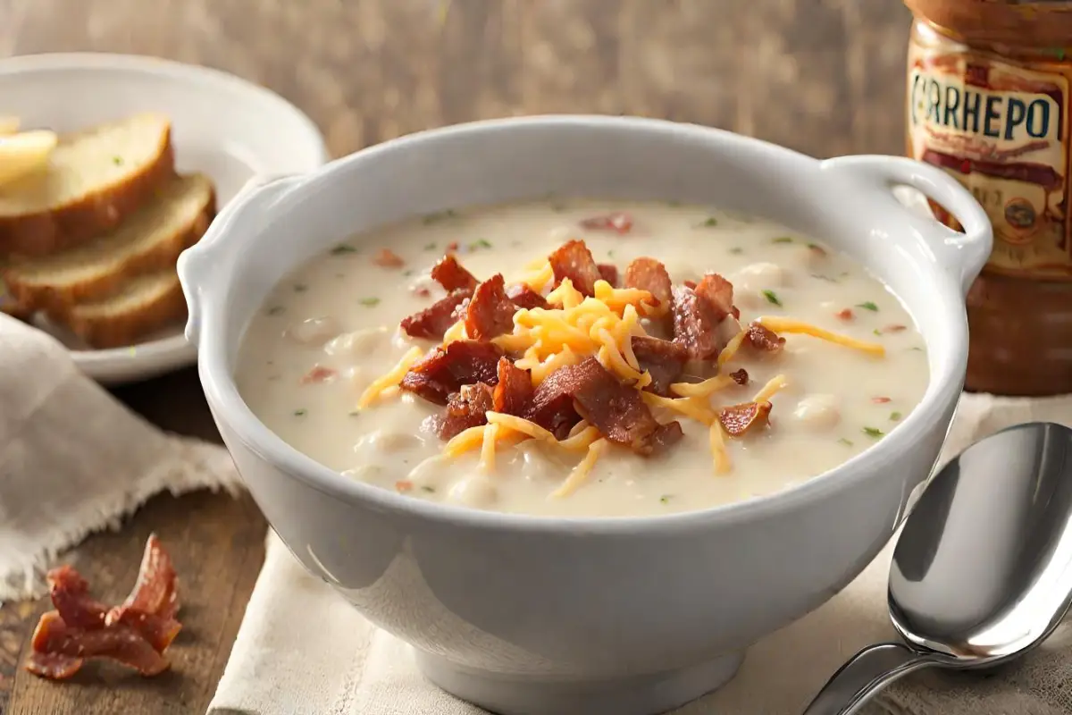 Creamy crock pot crack potato soup garnished with cheese and bacon