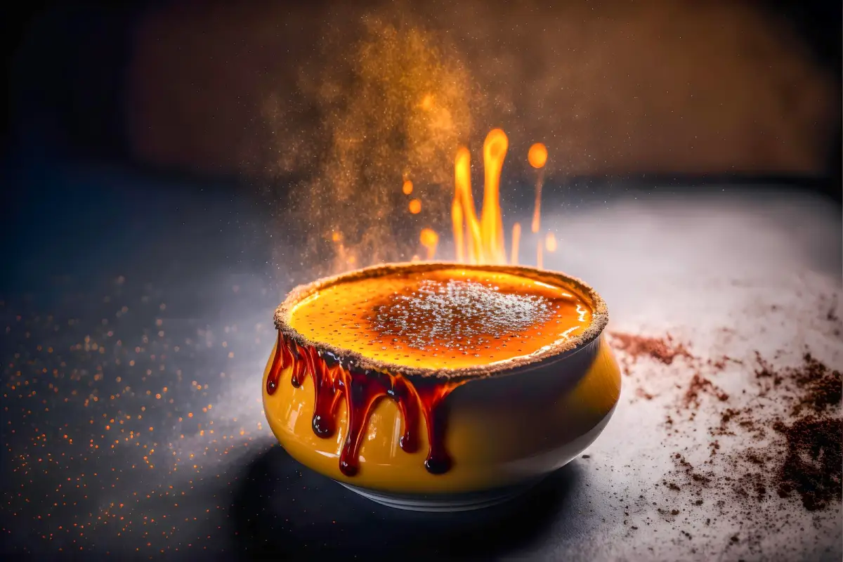 Impressive moment as a creme brulee is torched, showcasing the art of achieving a perfect caramelized top.