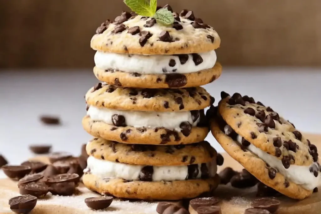 Chocolate chip cookie ice cream sandwiches with cream cheese filling