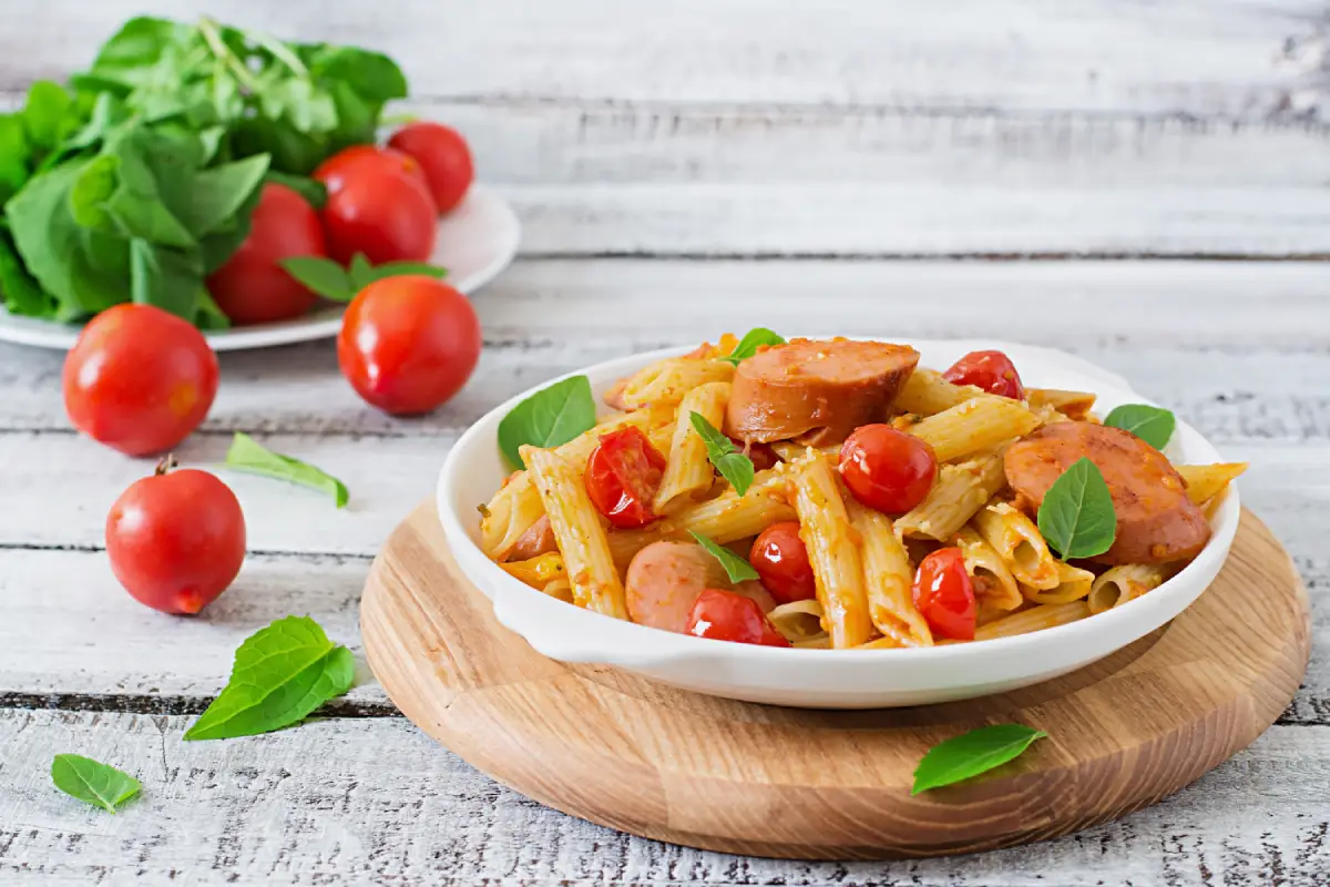 Penne pasta with kielbasa sausage and cherry tomatoes garnished with basil in a white bowl on a wooden board, with fresh tomatoes and spinach in the background.