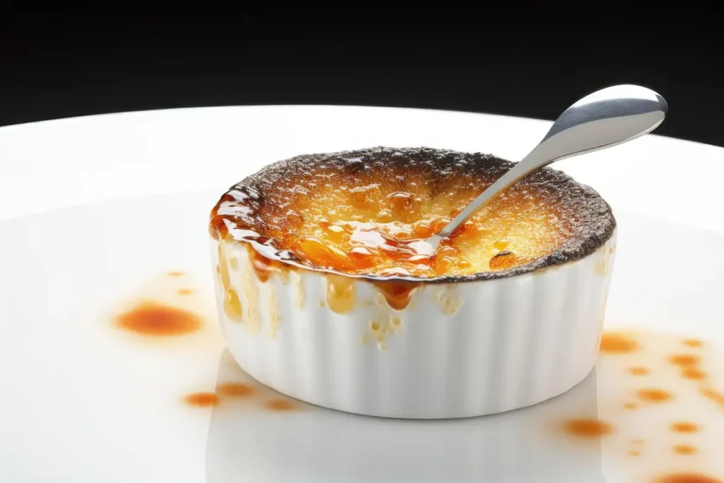 A spoon cracking into the perfectly caramelized top of a gourmet creme brulee.