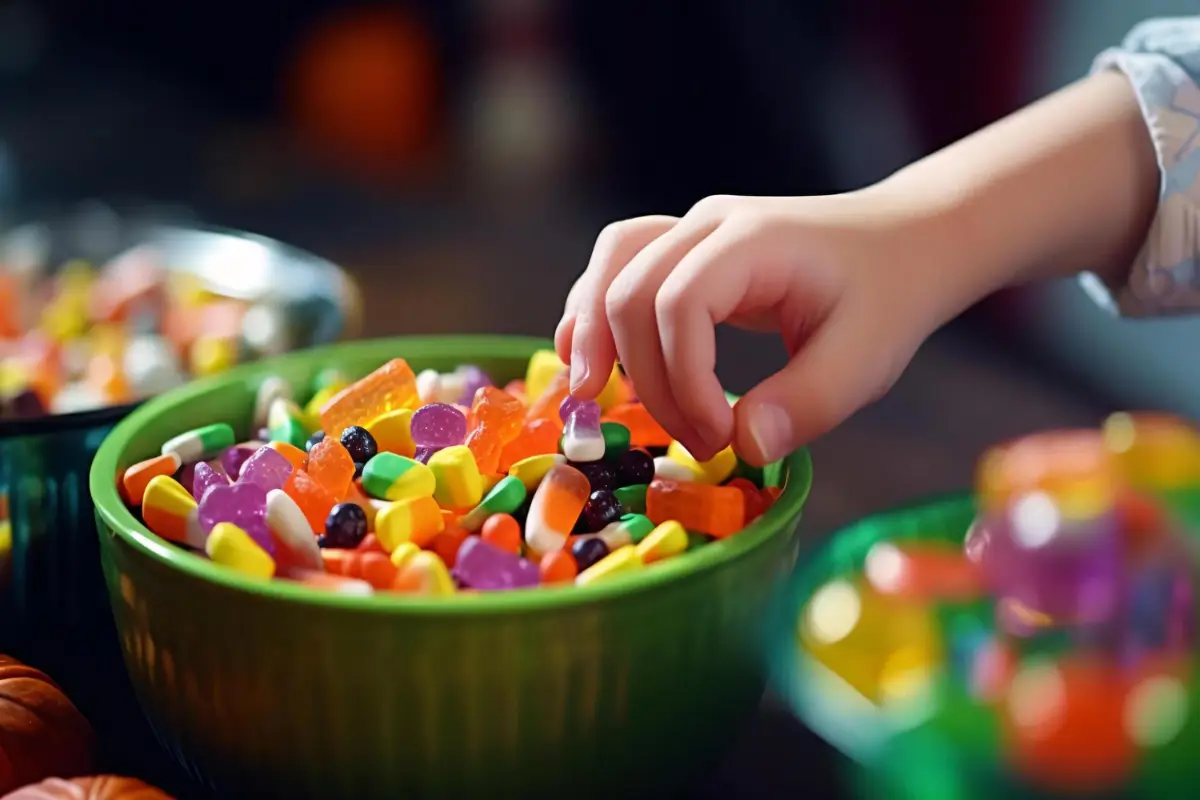 A child's hand picking a candy from a bowl full of assorted sweets.