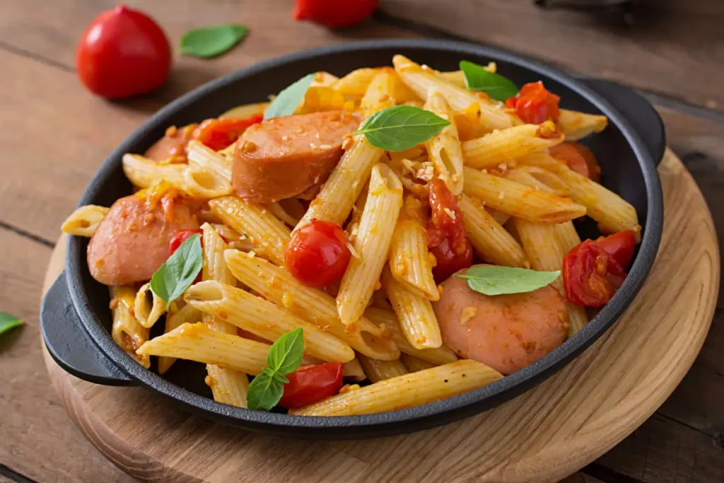 Penne pasta with spicy kielbasa sausage, tomatoes, and basil in a cast-iron skillet on a wooden table.