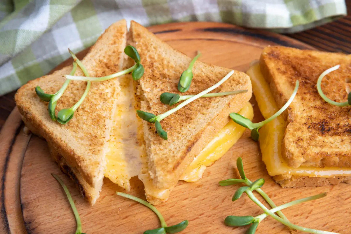 Grilled Cheese Sandwich with Sprout Garnish on Wooden Board