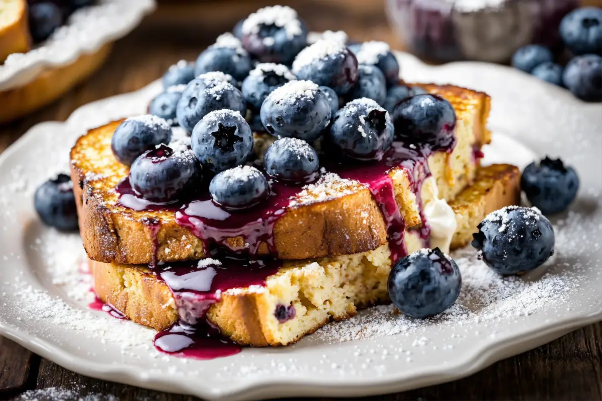 Golden-brown French toast stuffed with blueberry cream cheese and topped with fresh blueberries and powdered sugar.