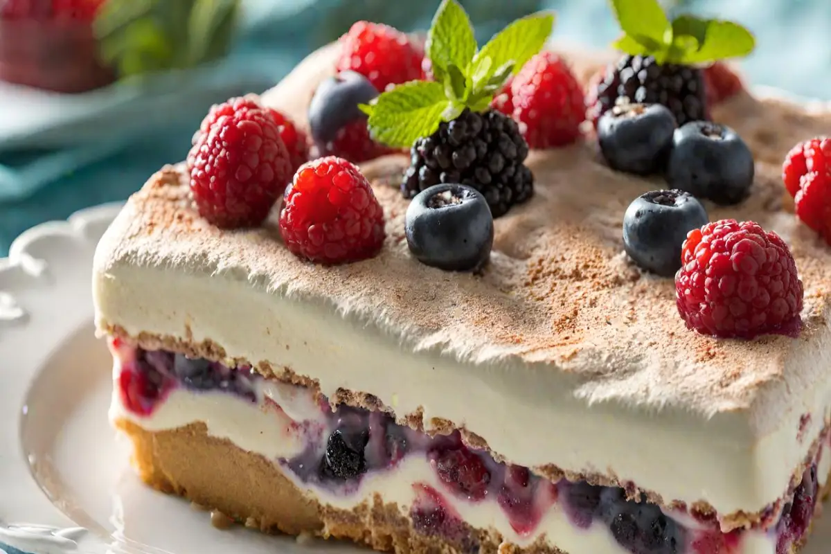 Close-up of a berry-bliss tiramisu topped with fresh raspberries, blackberries, and blueberries.