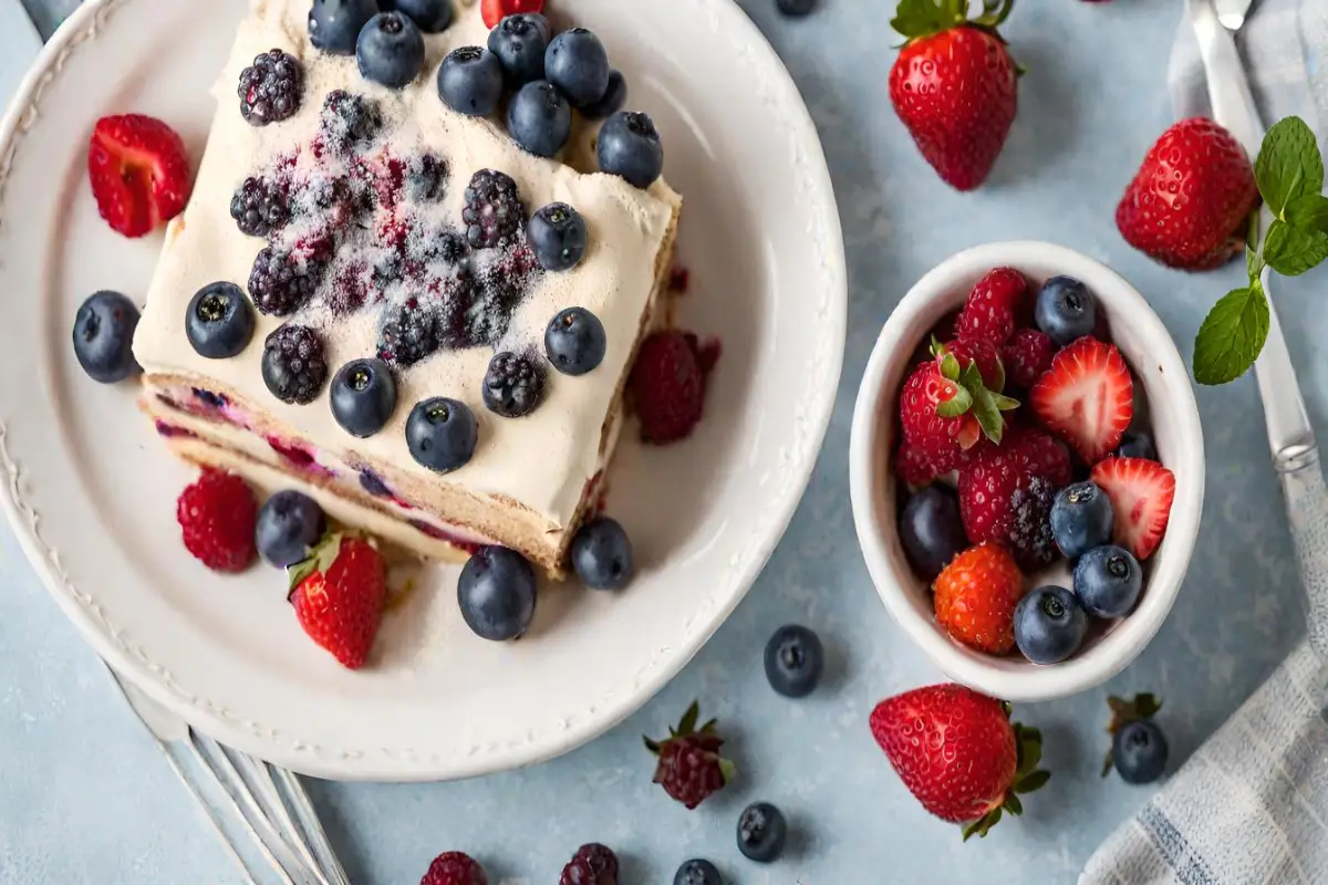 A sumptuous slice of mixed-berry tiramisu garnished with blueberries and powdered sugar, accompanied by a side bowl of fresh berries.