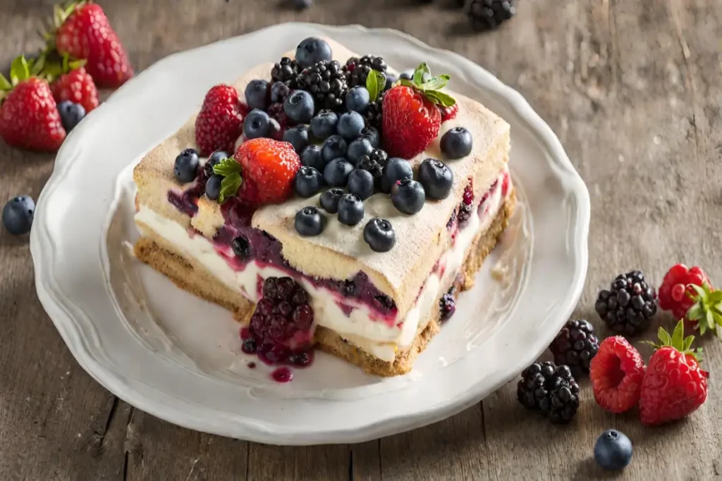 A delectable slice of triple-berry tiramisu topped with an assortment of fresh berries on a rustic white plate.