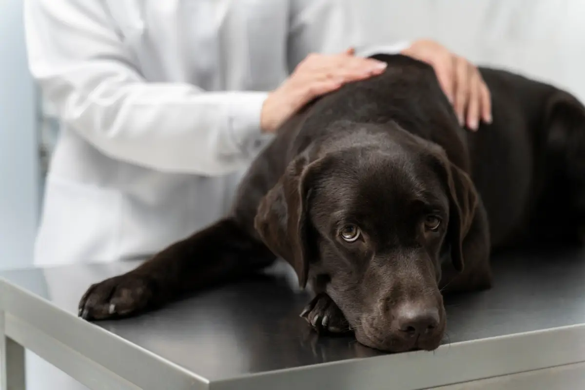 A concerned Labrador being comforted by a vet, representing the importance of understanding a dog's digestive system.