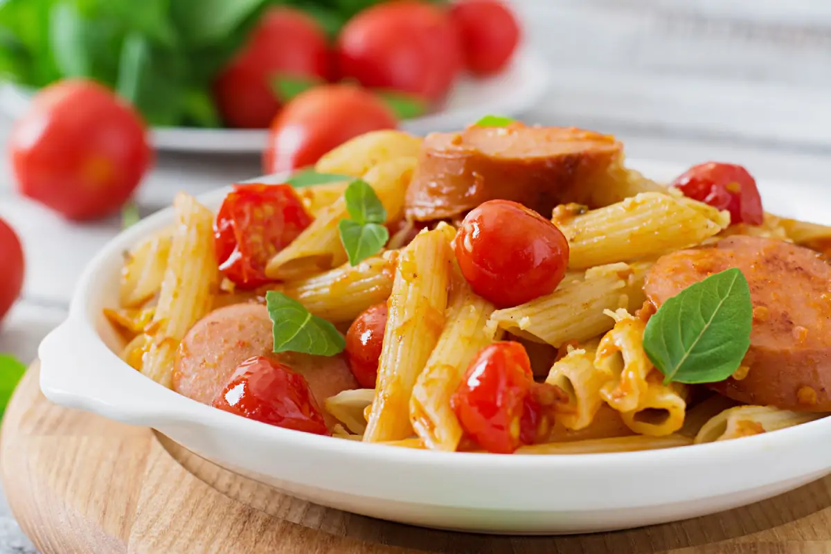 A close-up of a bowl of penne pasta with spicy kielbasa sausage, cherry tomatoes, and basil on a wooden board.