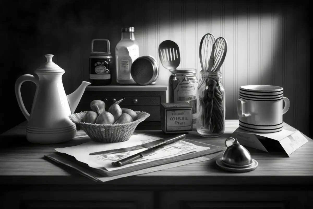 Vintage kitchen utensils on a wooden table in a classic setting, illustrating the combination of tools and techniques in cooking