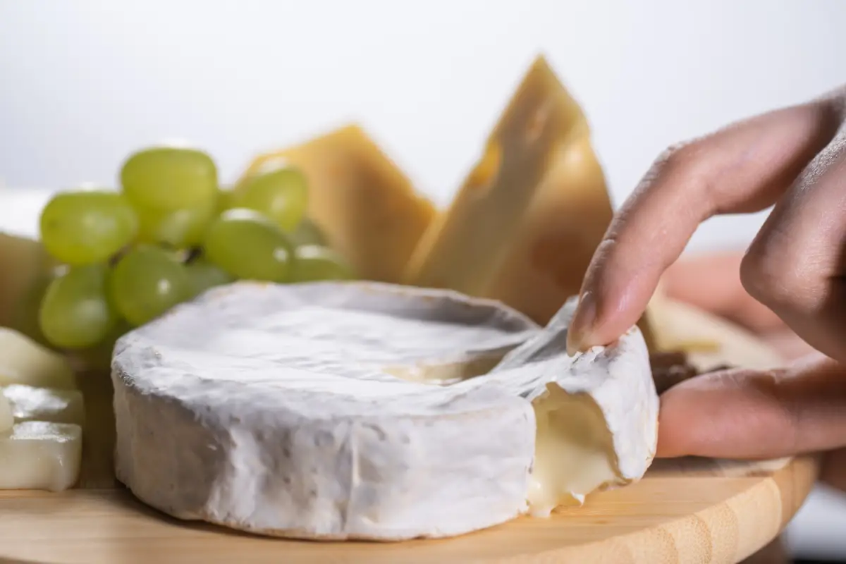 A hand delicately sampling a piece of Brie cheese, with grapes and assorted cheeses in the background.