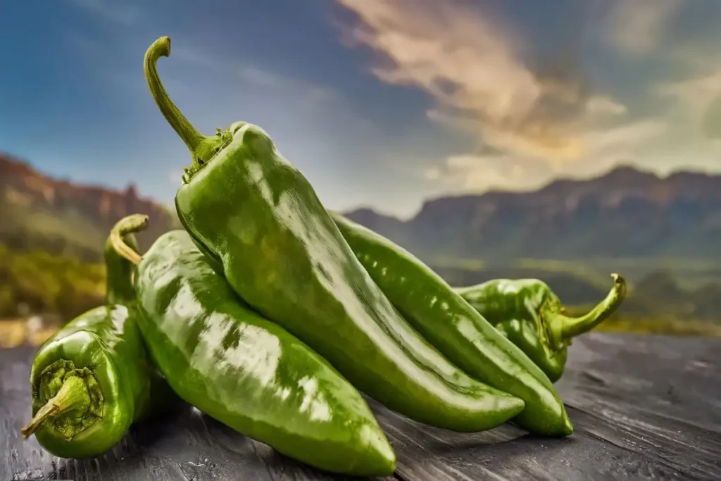 A bunch of fresh Anaheim peppers laid out on a wooden surface with a scenic mountainous backdrop.