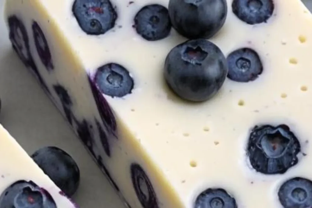 A close-up of homemade blueberry nougat with fresh blueberries embedded in it.