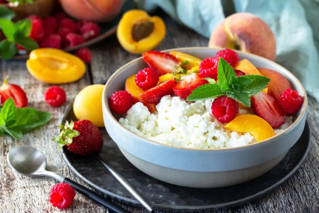 A bowl of cottage cheese with fresh strawberries, raspberries, and peach slices, garnished with mint.