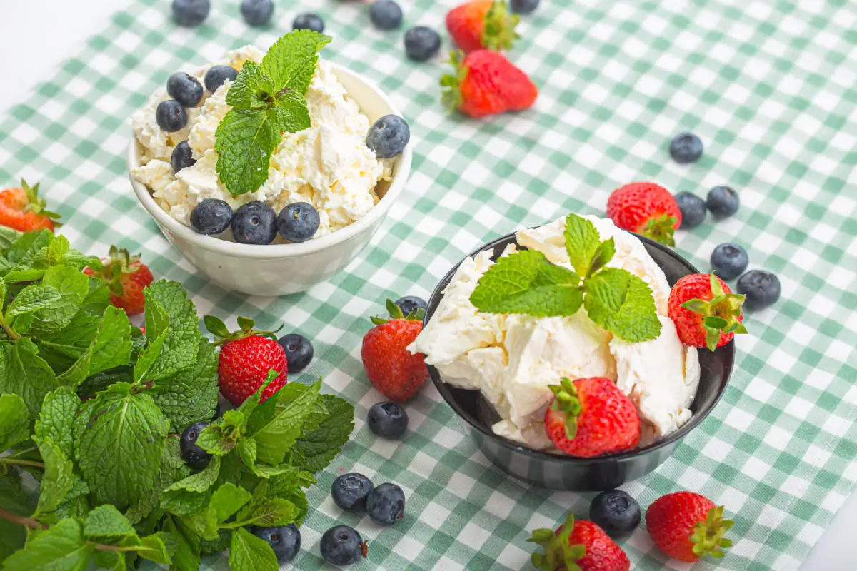 A refreshing bowl of cottage cheese topped with mint leaves, surrounded by an assortment of fruit.
