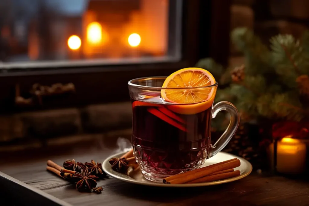 Ingredients for traditional Glühwein laid out on a kitchen counter, including red wine, oranges, cinnamon sticks, and cloves.