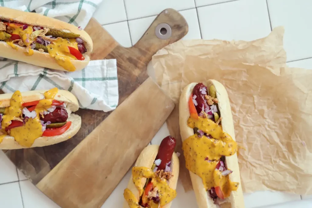 Freshly prepared homemade mini hot dogs with mustard and toppings in buns.