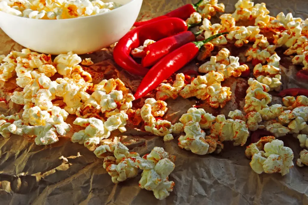 A spread of jalapeno popcorn with fresh jalapenos on the side, highlighting the spicy and healthy snack.