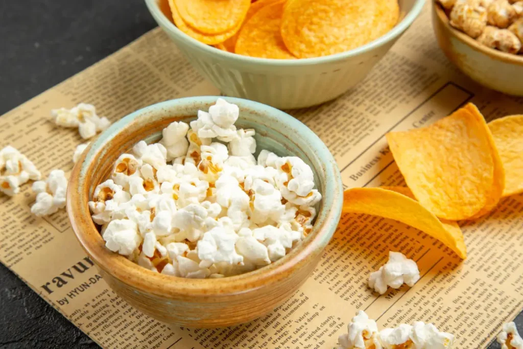 Bowl of air-popped popcorn with jalapeno slices and savory snacks