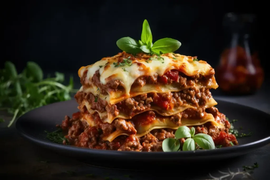 A stack of San Giorgio lasagna garnished with fresh basil on a dark plate.