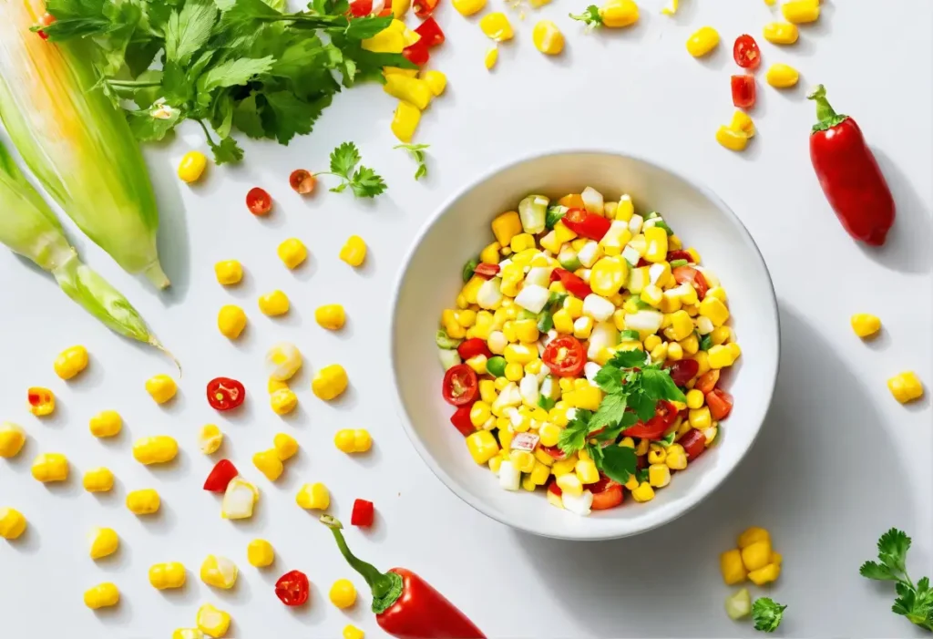 A white bowl full of bright yellow corn, cherry tomatoes, and green herbs, embodying the essence of Mexicorn.
