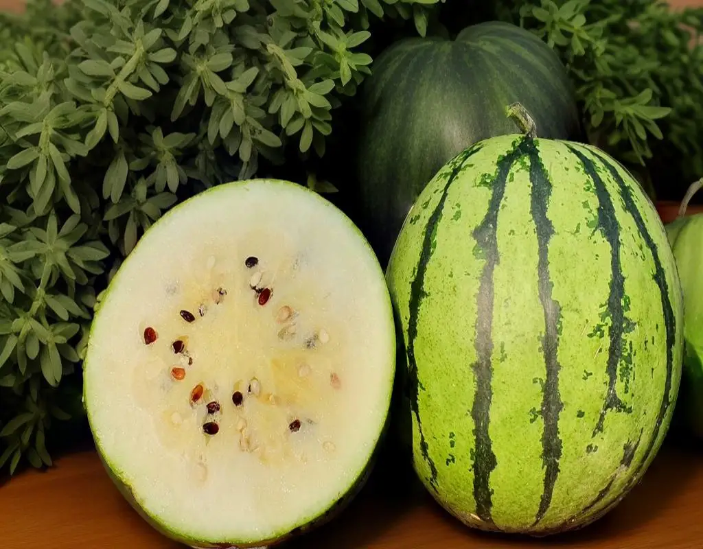 A white watermelon cut in half next to an intact melon on a wooden table with green plants in the background.