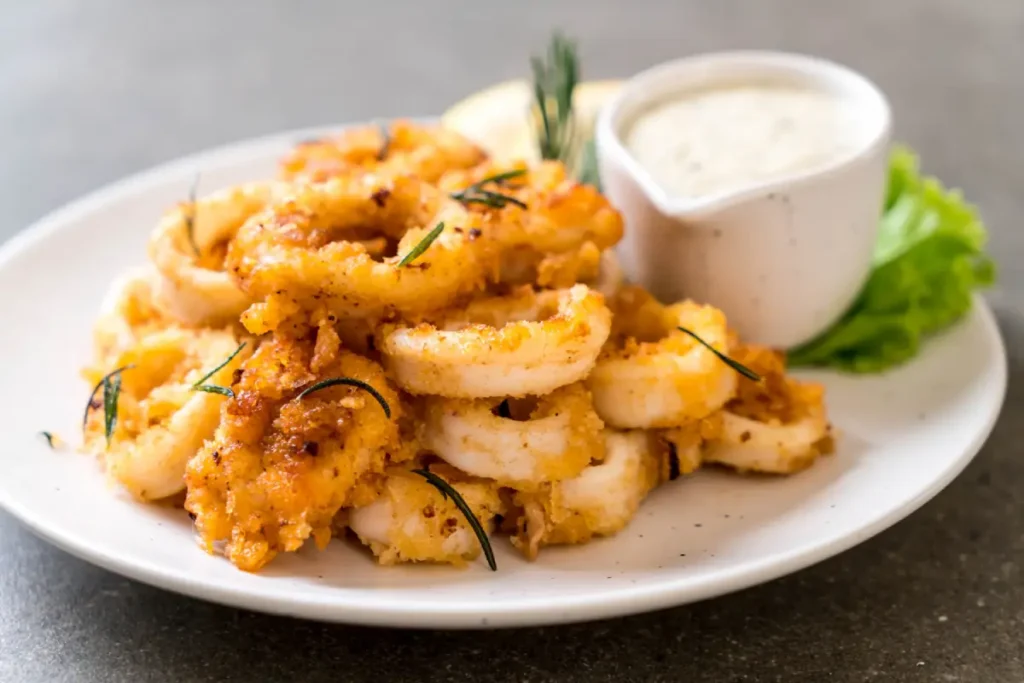 A plate of crispy fried calamari garnished with rosemary, served with creamy dipping sauce.