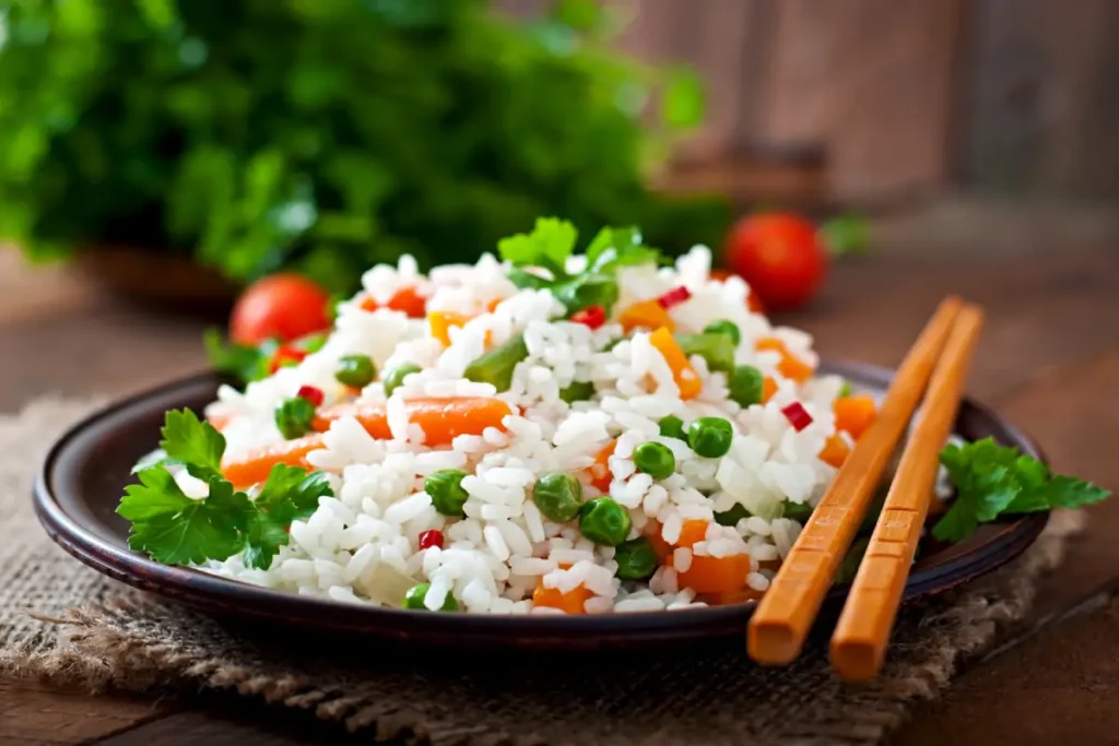 A colorful plate of Nutritious Aromatic Vegetable Rice Medley with fresh green peas, orange carrots, and garnished with parsley.