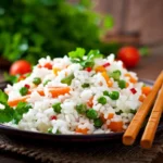 A colorful plate of Nutritious Aromatic Vegetable Rice Medley with fresh green peas, orange carrots, and garnished with parsley.